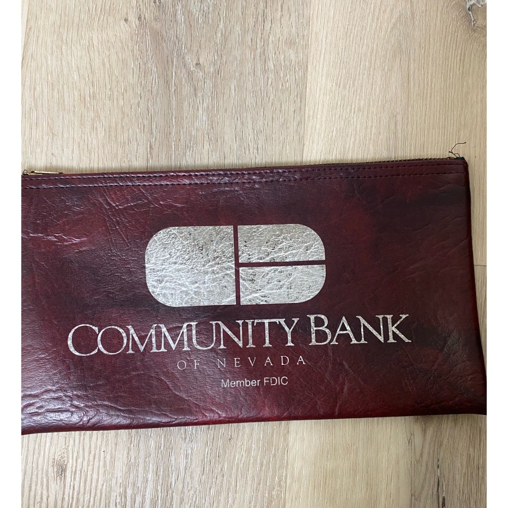 Vintage 70s Community Bank of Nevada Zipper Deposit Bag Burgundy Silver Logo